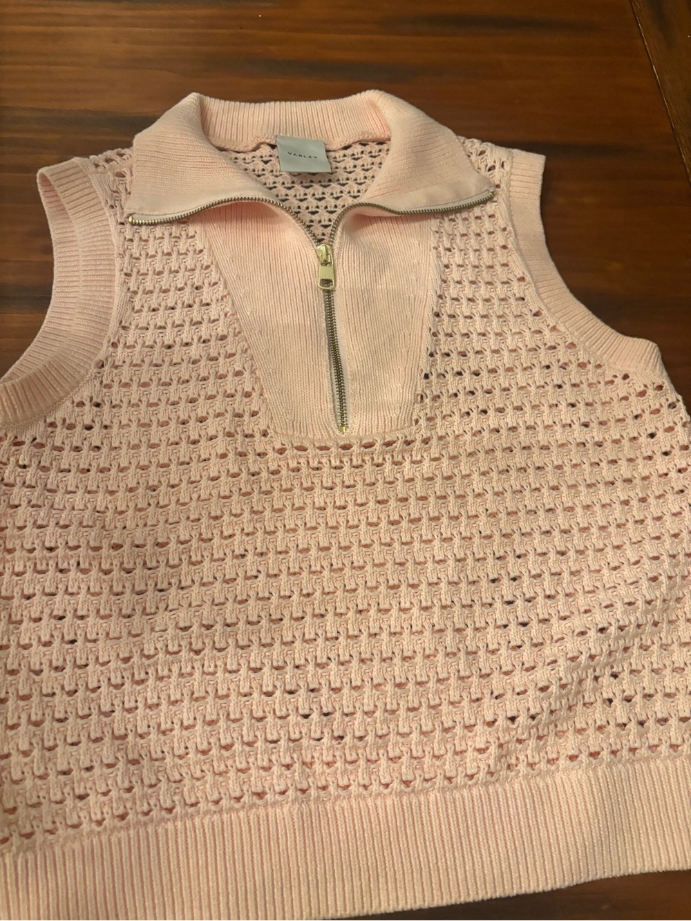 Varley Pale Pink Sleeveless Half-Zip Cowl Knit Top